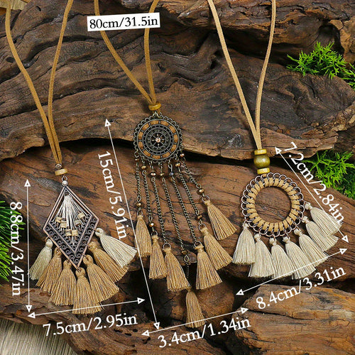 Ensemble de 3 colliers pendentifs de mode féminine de style ethnique avec pendentif à pompon floral, en alliage de zinc émaillé bronze avec incrustation de strass en verre, collier vintage SUN N.