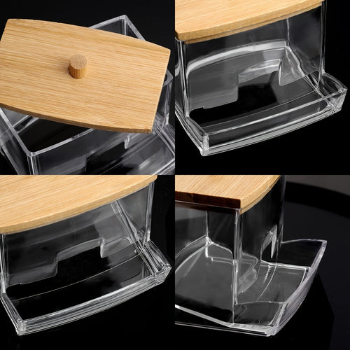 Porte-coton-tiges en acrylique transparent 7oz avec couvercle en bois - Organisateur salle de bain élégant