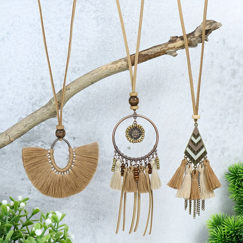 Ensemble de 3 colliers pendentifs de mode féminine de style ethnique avec pendentif à pompon floral, en alliage de zinc émaillé bronze avec incrustation de strass en verre, collier vintage SUN N.