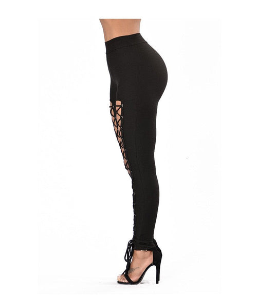 Leggings tendance automne-hiver + sexy occidentaux à lacets avec double rangée d'œillets, pantalons chevillés à nouer pour femmes, coupe ajustée couleur unie SUN N.
