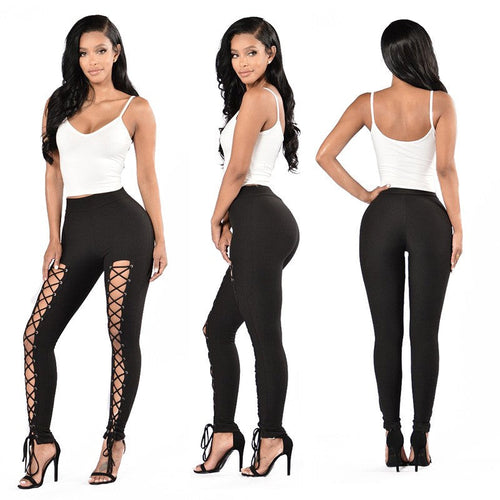 Leggings tendance automne-hiver + sexy occidentaux à lacets avec double rangée d'œillets, pantalons chevillés à nouer pour femmes, coupe ajustée couleur unie SUN N.