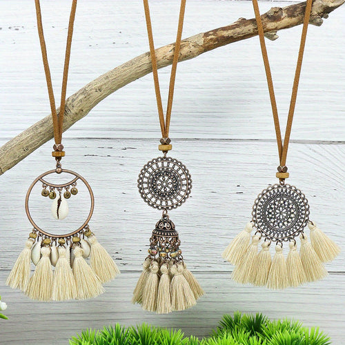 Ensemble de 3 colliers pendentifs de mode féminine de style ethnique avec pendentif à pompon floral, en alliage de zinc émaillé bronze avec incrustation de strass en verre, collier vintage SUN N.