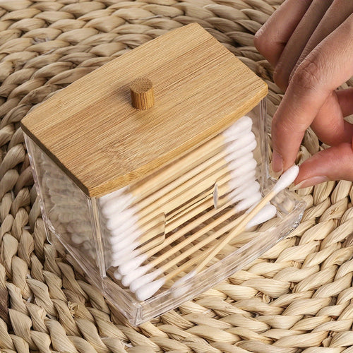 Porte-coton-tiges en acrylique transparent 7oz avec couvercle en bois - Organisateur salle de bain élégant