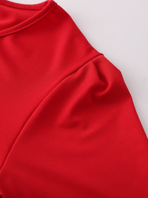 Robe mi-longue à fleurs pour femmes, grande taille, imprimé rouge colorblock, manches courtes - Col rond élégant, tissu en polyester légèrement extensible, parfaite pour toutes les saisons SUN N.