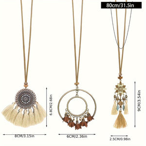 Ensemble de 3 colliers pendentifs de mode féminine de style ethnique avec pendentif à pompon floral, en alliage de zinc émaillé bronze avec incrustation de strass en verre, collier vintage SUN N.