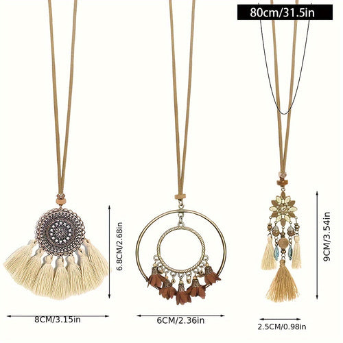 Ensemble de 3 colliers pendentifs de mode féminine de style ethnique avec pendentif à pompon floral, en alliage de zinc émaillé bronze avec incrustation de strass en verre, collier vintage SUN N.