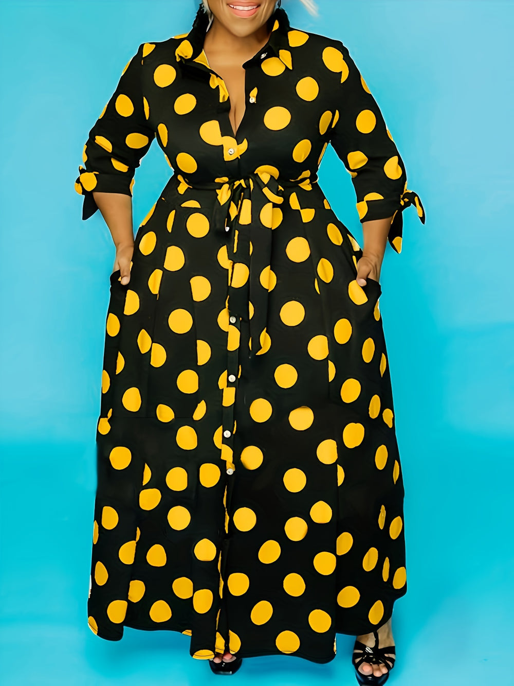 plus size polka dot maxi dress with belt button collar elegant
