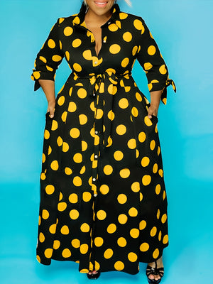 plus size polka dot maxi dress with belt button collar elegant