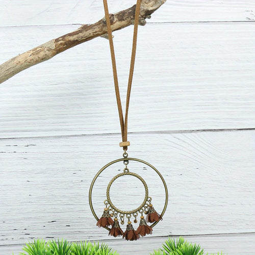 Ensemble de 3 colliers pendentifs de mode féminine de style ethnique avec pendentif à pompon floral, en alliage de zinc émaillé bronze avec incrustation de strass en verre, collier vintage SUN N.