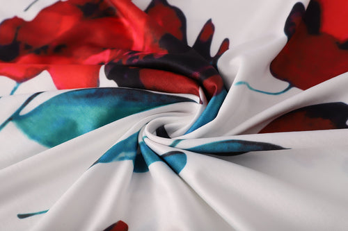 Robe mi-longue à fleurs pour femmes, grande taille, imprimé rouge colorblock, manches courtes - Col rond élégant, tissu en polyester légèrement extensible, parfaite pour toutes les saisons SUN N.