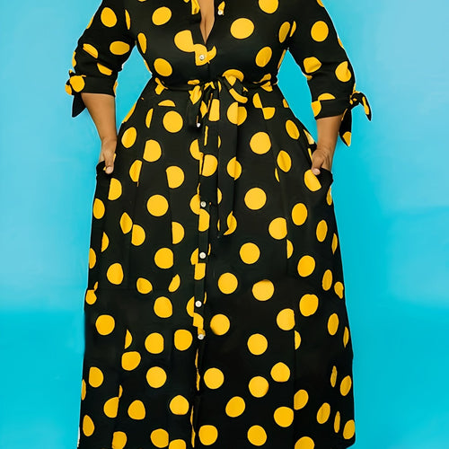 plus size polka dot maxi dress with belt button collar elegant