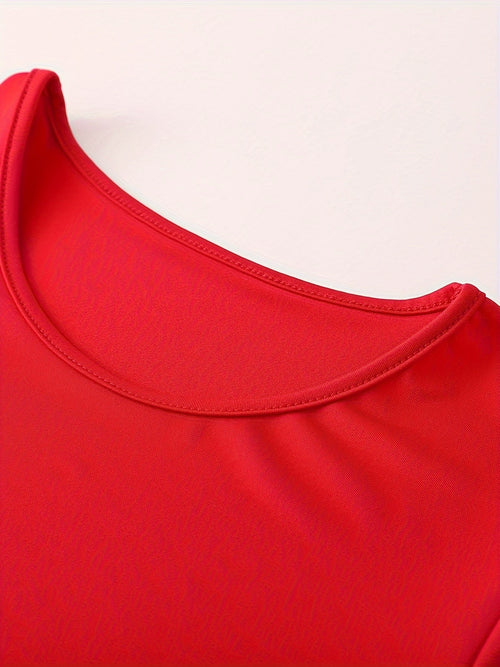 Robe mi-longue à fleurs pour femmes, grande taille, imprimé rouge colorblock, manches courtes - Col rond élégant, tissu en polyester légèrement extensible, parfaite pour toutes les saisons SUN N.