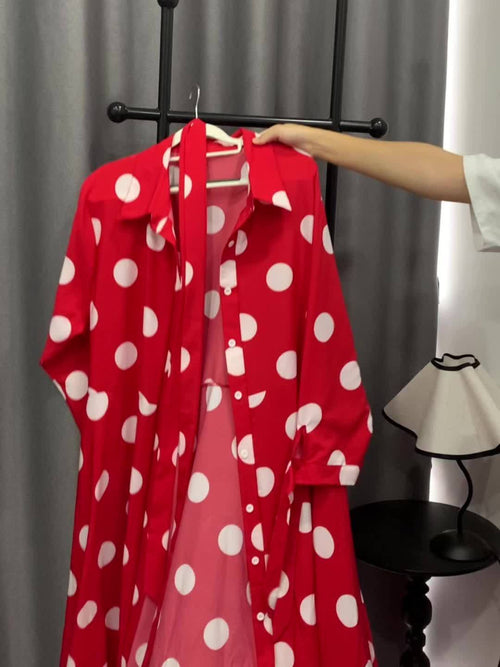 plus size polka dot maxi dress with belt button collar elegant