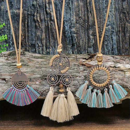 Ensemble de 3 colliers pendentifs de mode féminine de style ethnique avec pendentif à pompon floral, en alliage de zinc émaillé bronze avec incrustation de strass en verre, collier vintage SUN N.