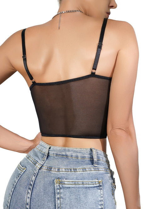 Lace V Neck Camisole Vintage Sheer Top with Underwire
