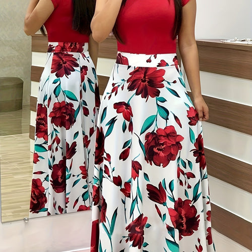 Robe mi-longue à fleurs pour femmes, grande taille, imprimé rouge colorblock, manches courtes - Col rond élégant, tissu en polyester légèrement extensible, parfaite pour toutes les saisons SUN N.