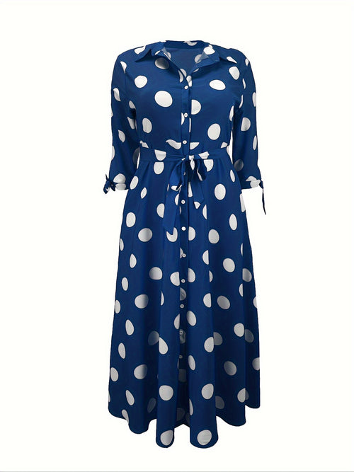 plus size polka dot maxi dress with belt button collar elegant
